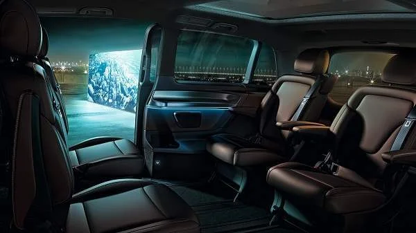 Brown leather lounge of a Mercedes V class van
